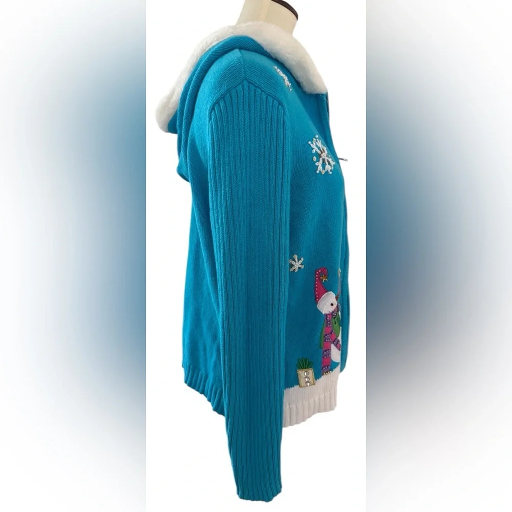 Tiara International Blue Full Zip Hooded Snowman Christmas Cardigan Size Large - Picture 2 of 10